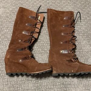 Sorel Joan of Arctic Tall Wedge Boots 8 Brown Suede Leather Waterproof Winter